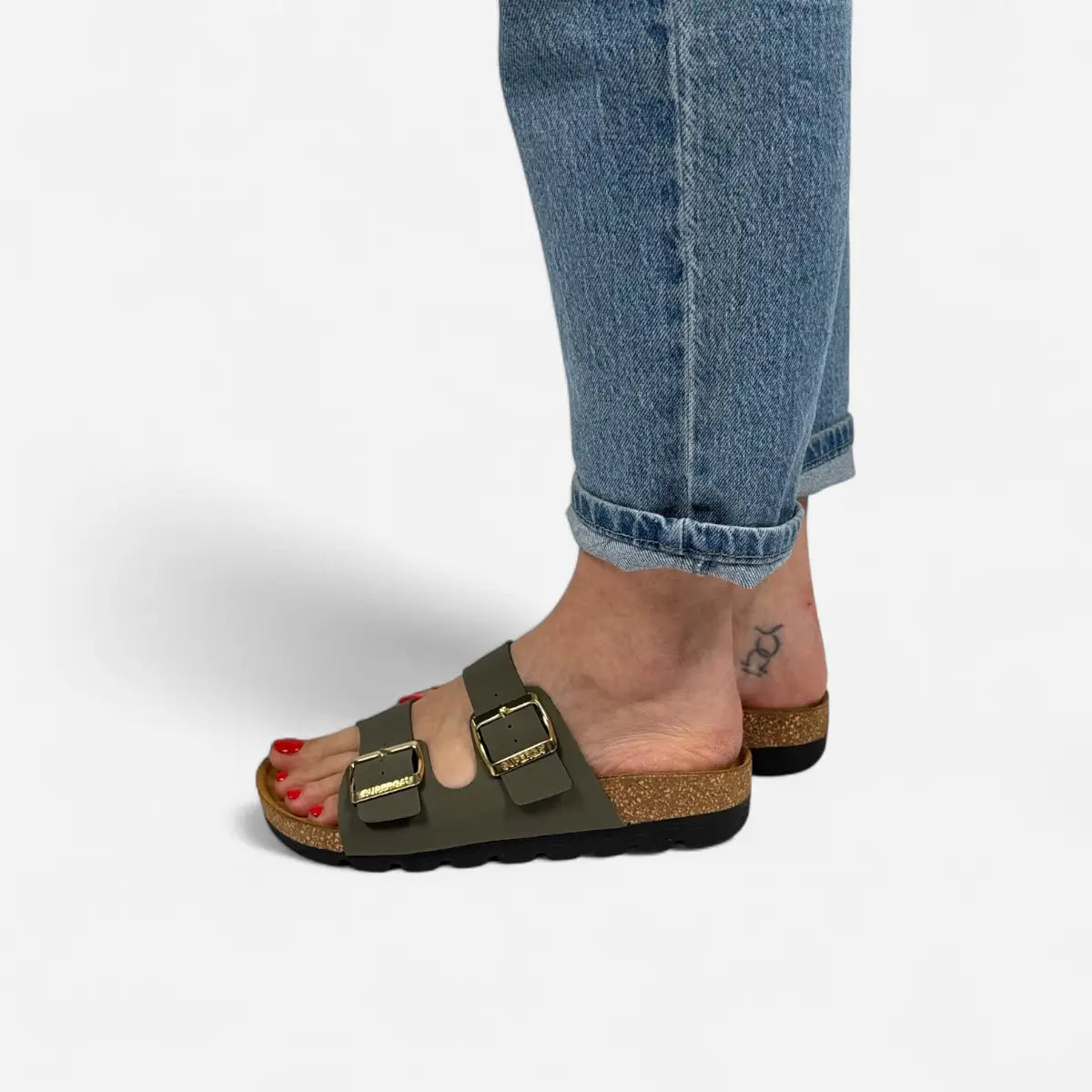 Superga Sandalo Platform donna doppia fibbia Nabuk Verde Oliva