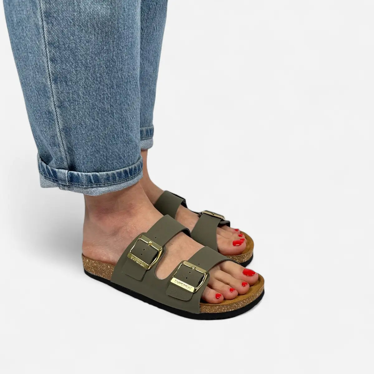 Superga Sandalo donna doppia fibbia Nabuk Verde Oliva