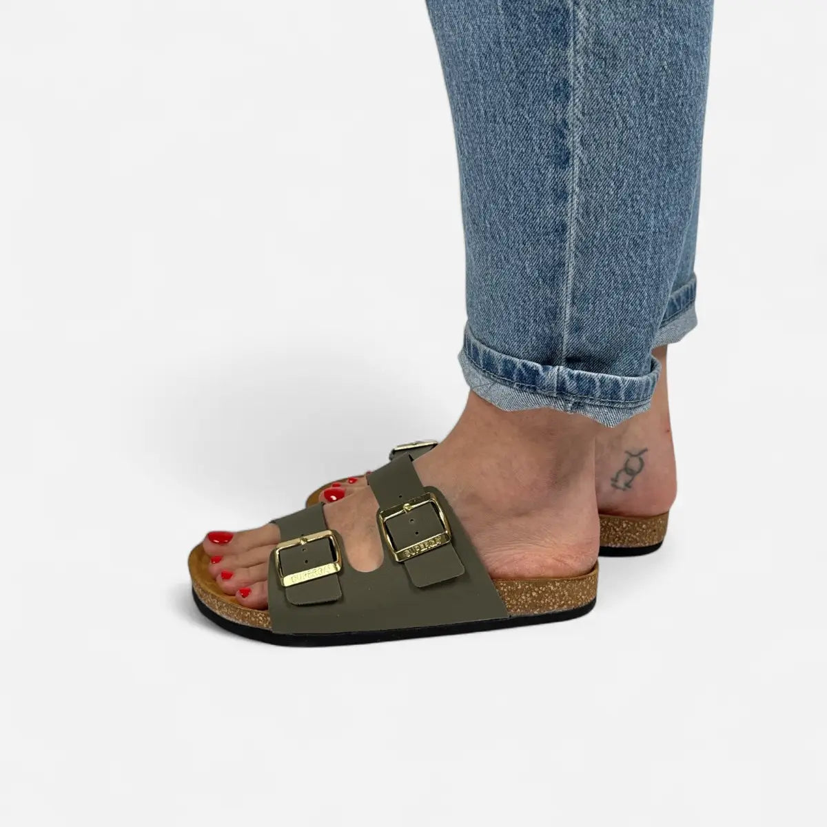 Superga Sandalo donna doppia fibbia Nabuk Verde Oliva